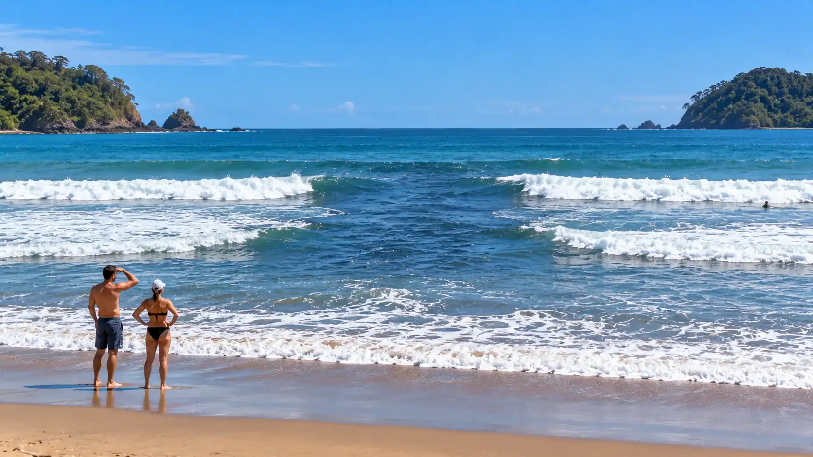 A rip current visible as a calm dark channel between breaking waves at a Costa Rican beach