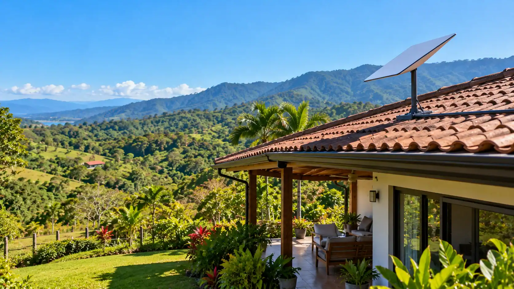 A satellite internet dish on a rural farmhouse roof in Costa Rica