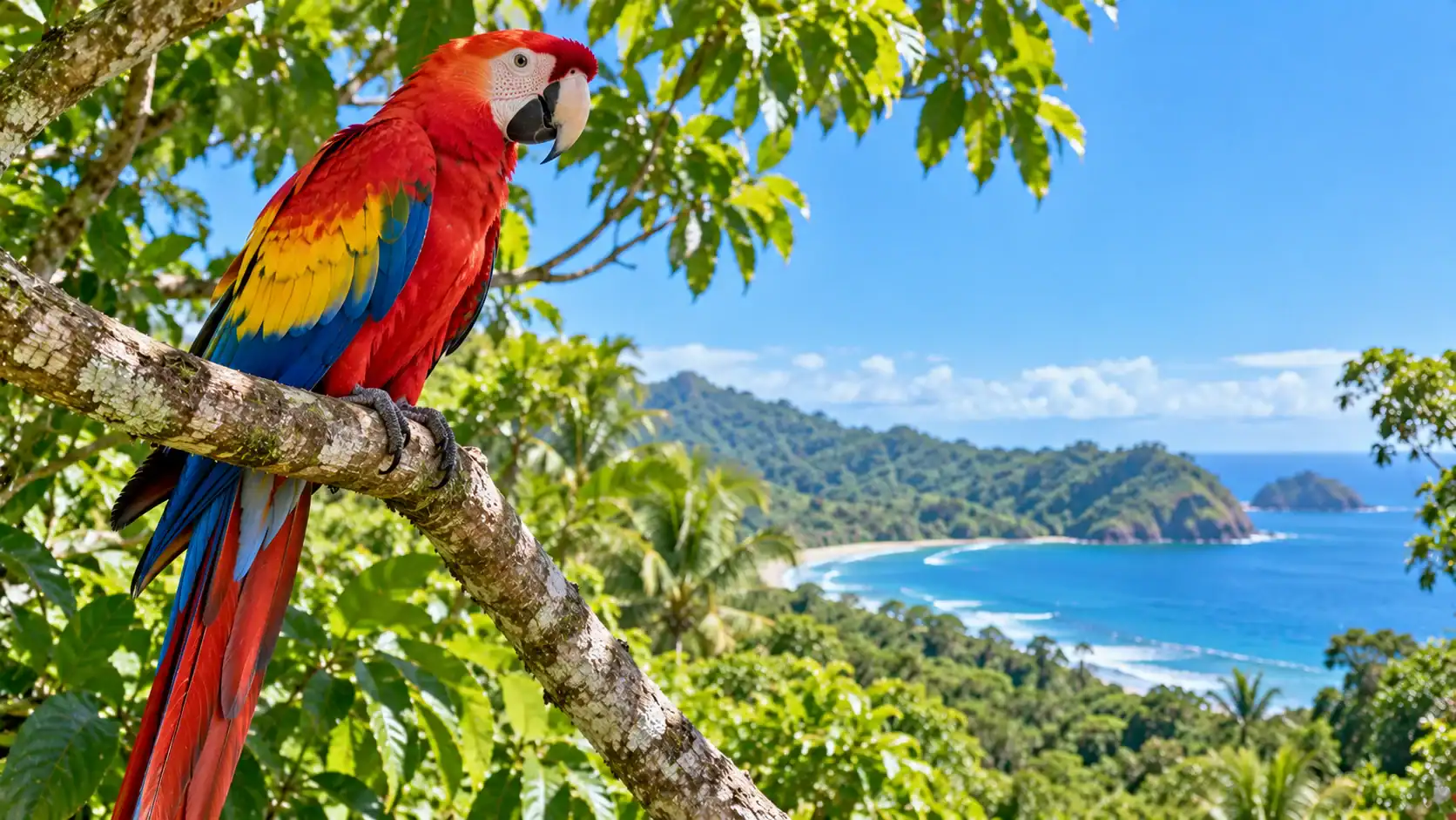 A scarlet macaw perched on a branch with blue sky in Costa Rica