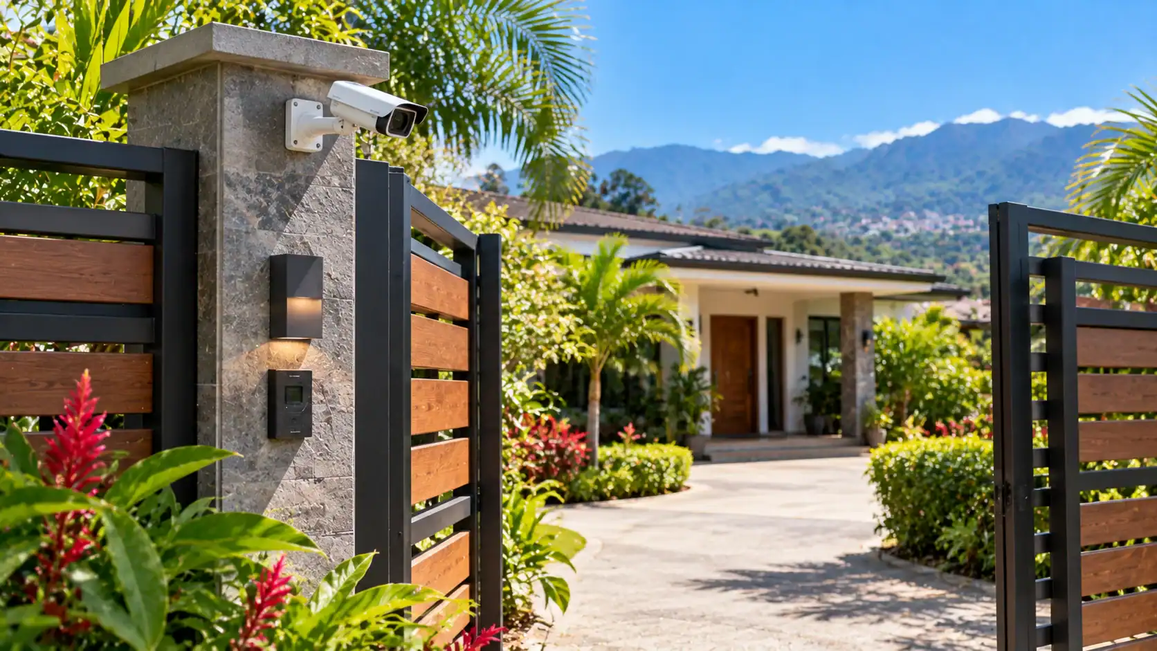 A security camera and gate at the entrance of a modern Costa Rican home