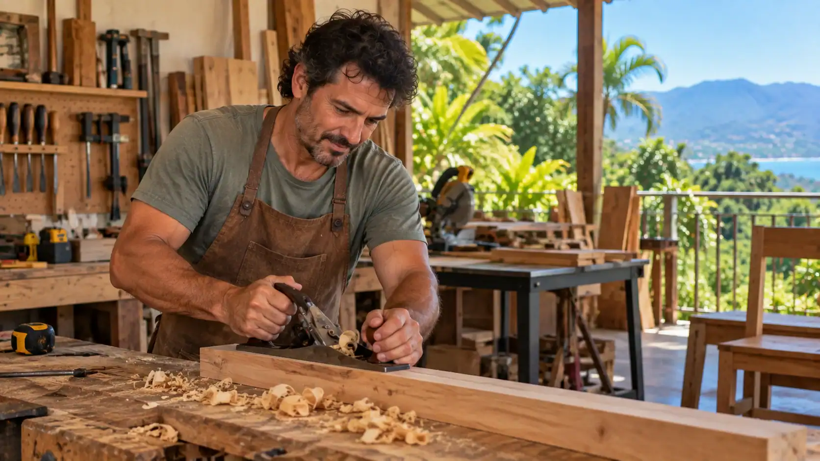 A self-employed carpenter working in a small workshop in Costa Rica