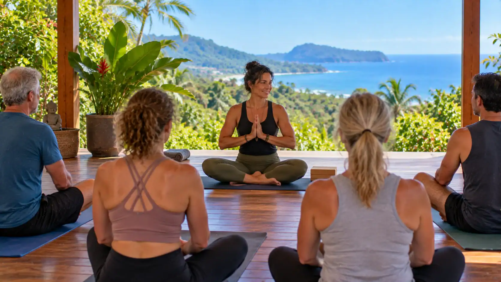 A self-employed yoga instructor teaching a small class on an open-air deck in Costa Rica