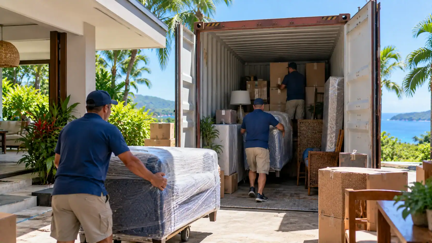 A shipping container being loaded with household goods