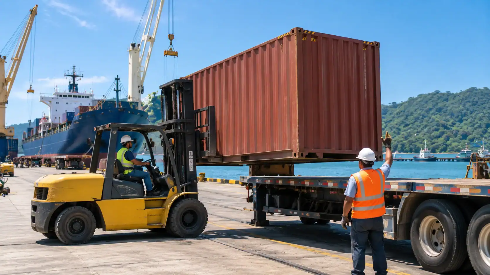 A shipping container being unloaded by forklift at Puerto Caldera, Costa Rica