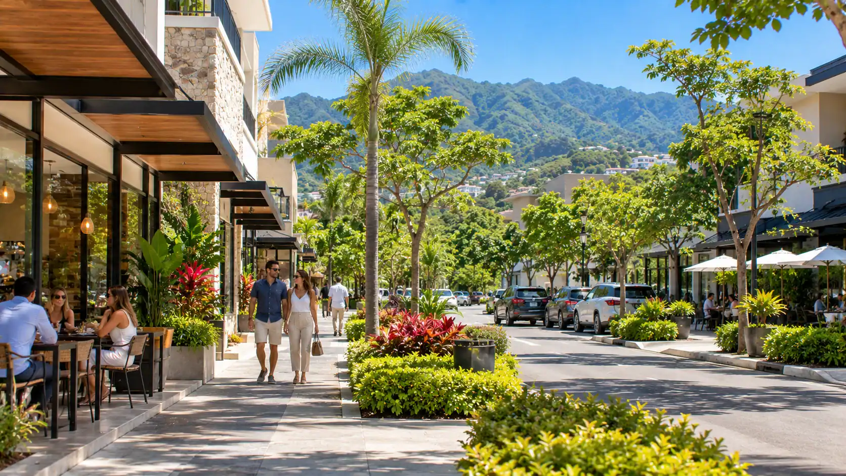 A small business district with low-rise shops and offices in Escazú, Costa Rica