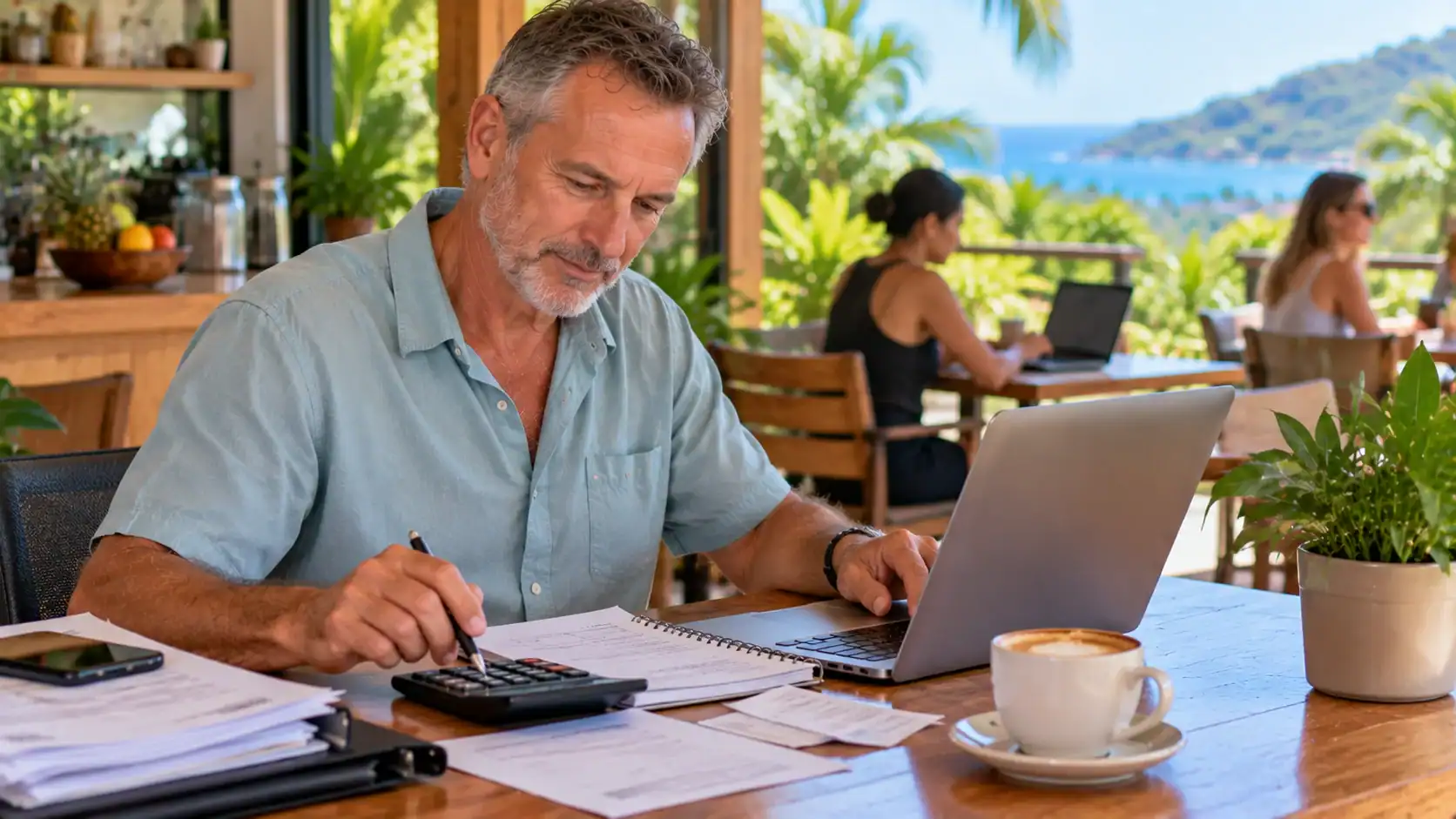 A small business owner checking payroll on a laptop in Costa Rica