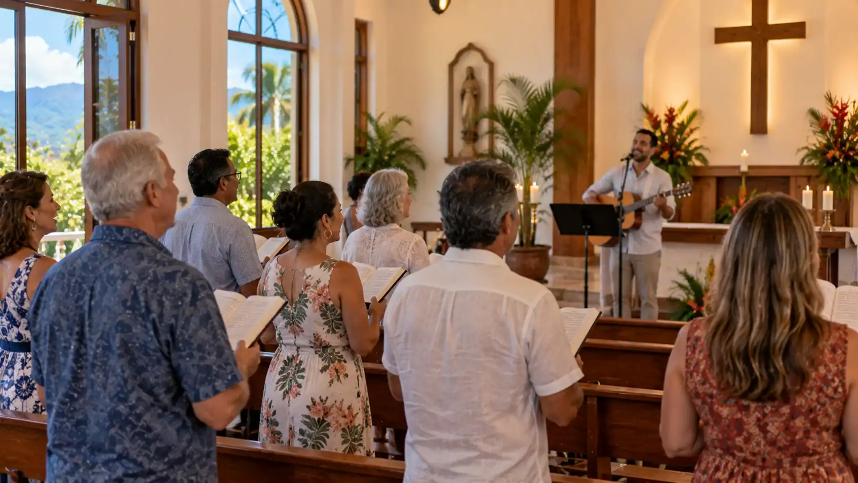 A small church congregation singing together inside a church in Costa Rica