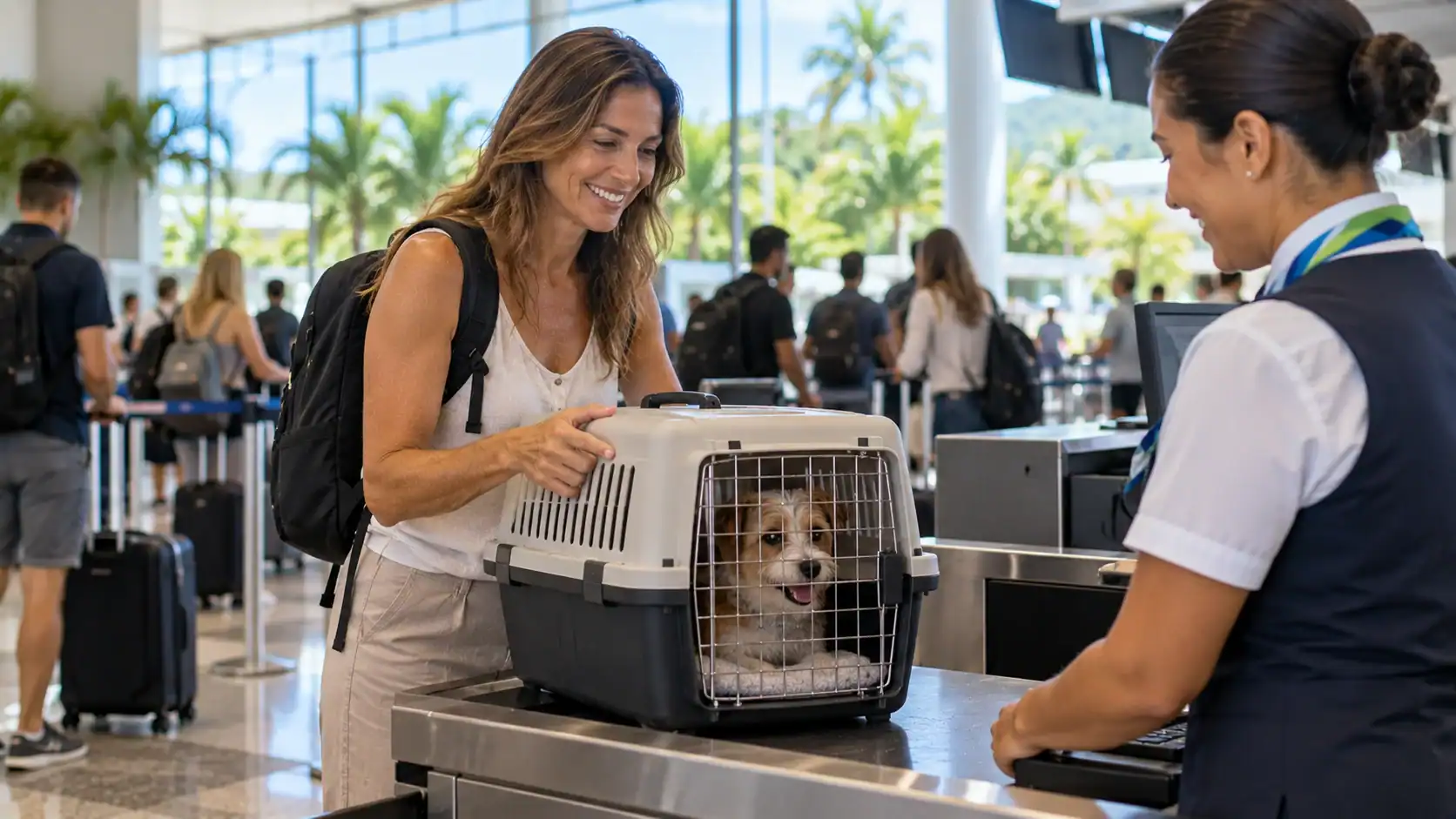 A small dog in a travel crate with its owner at an airport check-in
