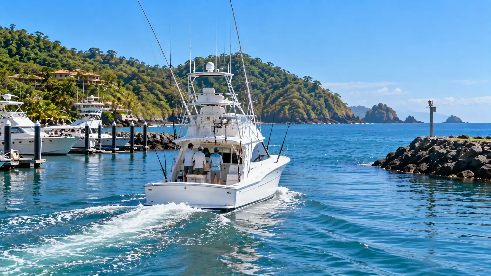 A sport-fishing boat heading out from a marina on the Pacific coast of Costa Rica