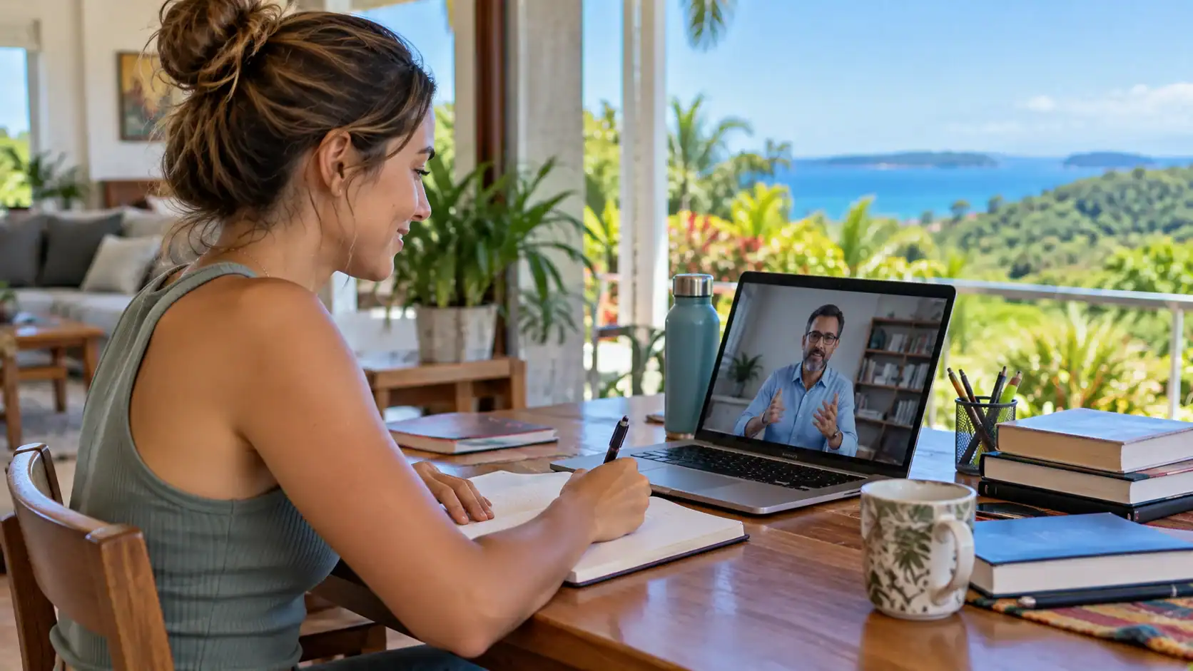 A student attending an online class on a laptop at home in Costa Rica