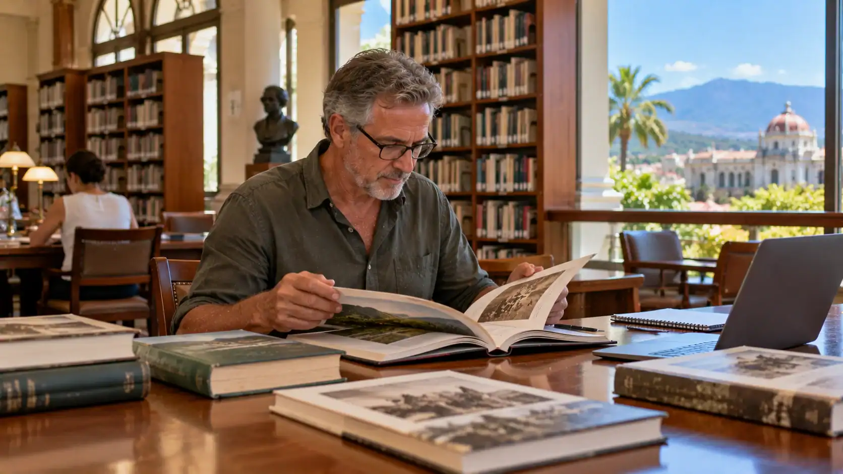A student researching Costa Rican history books in a library