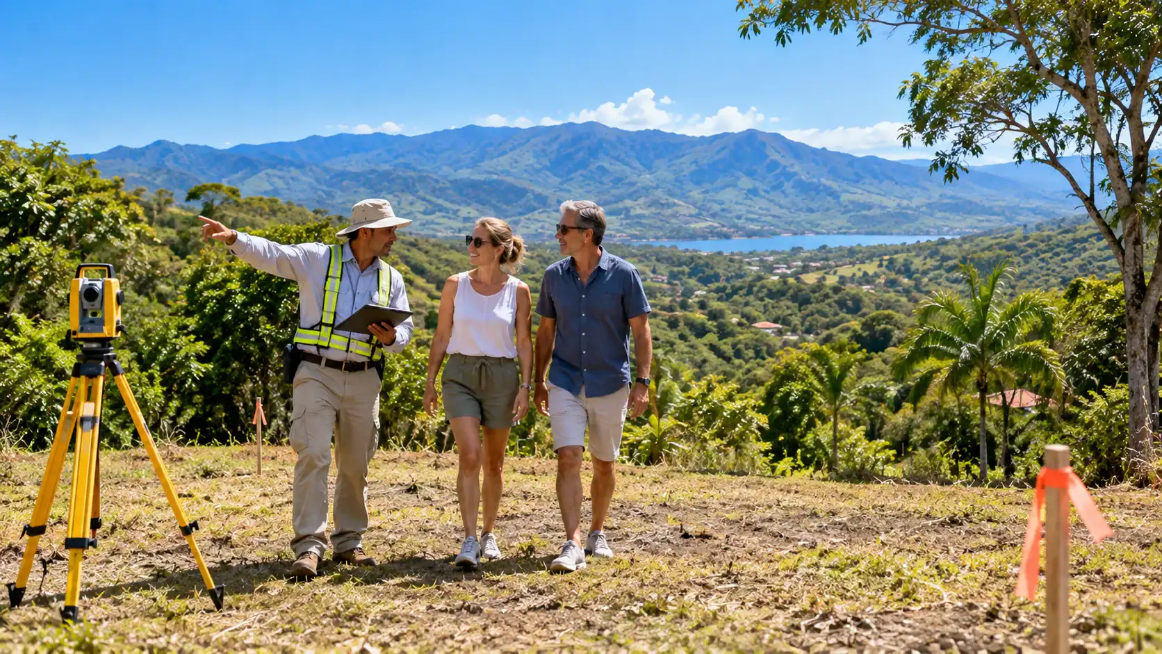 A surveyor and couple walking a building lot with a mountain view in Costa Rica