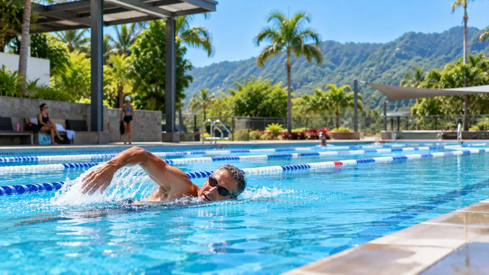 A swimmer doing laps in an outdoor public pool in Costa Rica