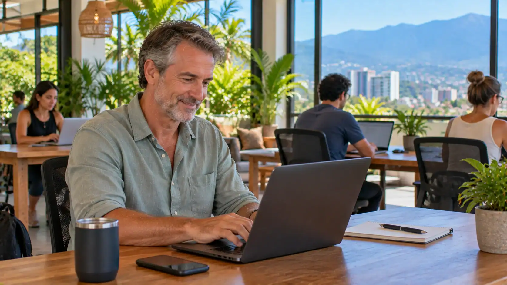 A temporary resident working at a laptop in a shared office in Costa Rica