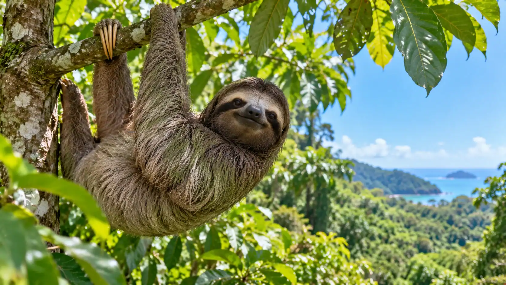 A three-toed sloth hanging from a tree branch in the Costa Rican rainforest