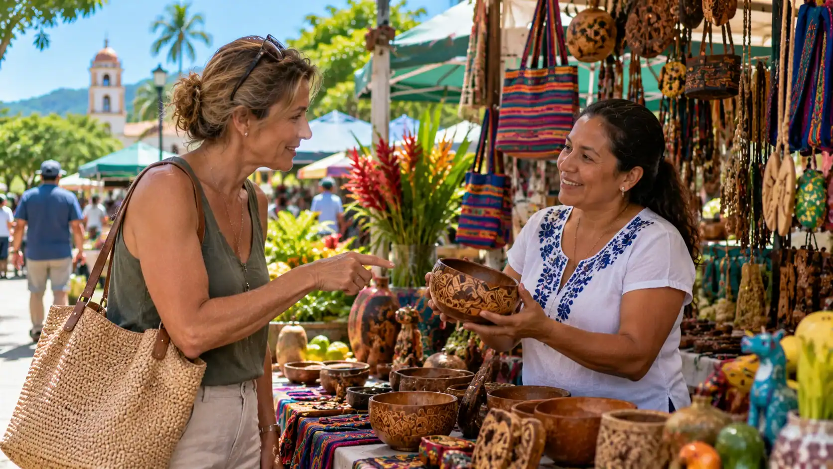 A tourist asking a shop owner for help in Spanish at a market stall