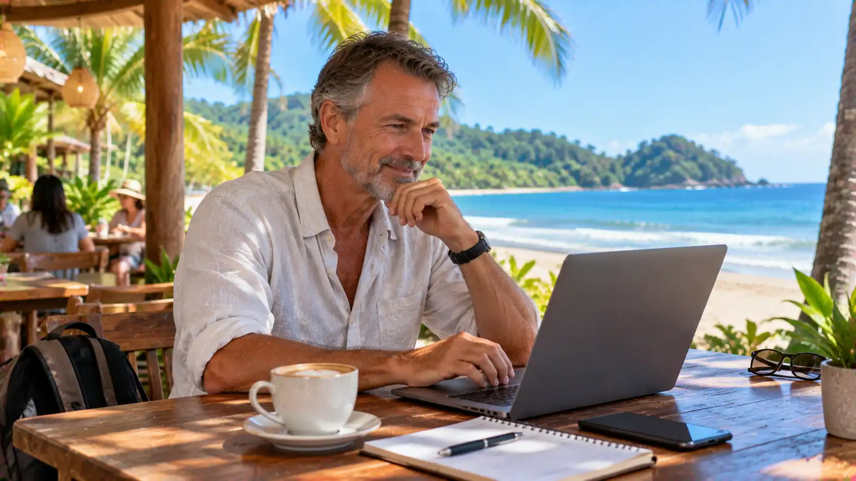 A tourist at a beach café planning a longer stay on a laptop