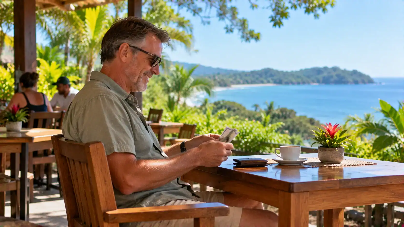A tourist counting colones at a sunny café table overlooking the sea in Costa Rica