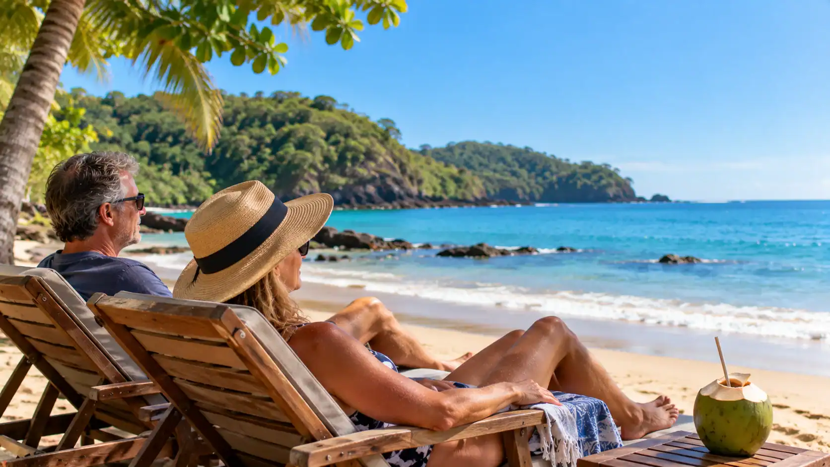 A tourist couple relaxing on beach chairs at a Costa Rican beach under blue sky
