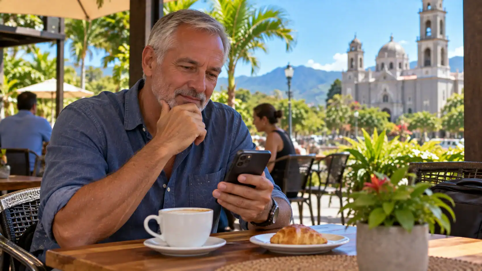 A tourist reading news on his phone about immigration rules at a café
