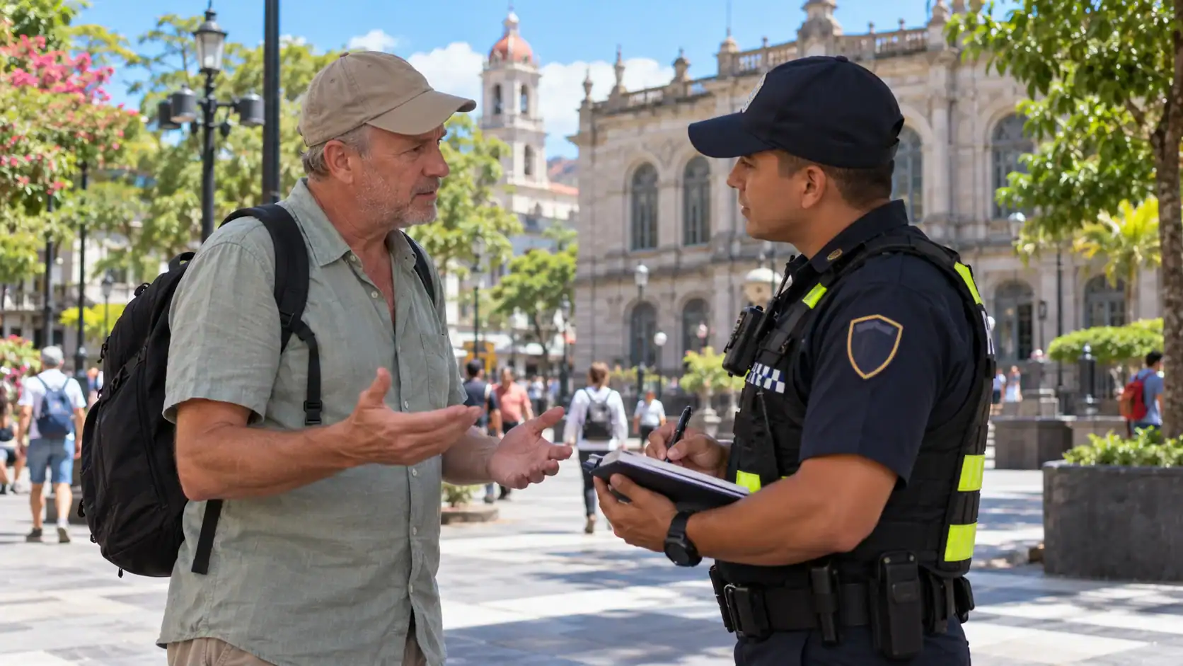 A tourist reporting a lost wallet to a police officer in San José