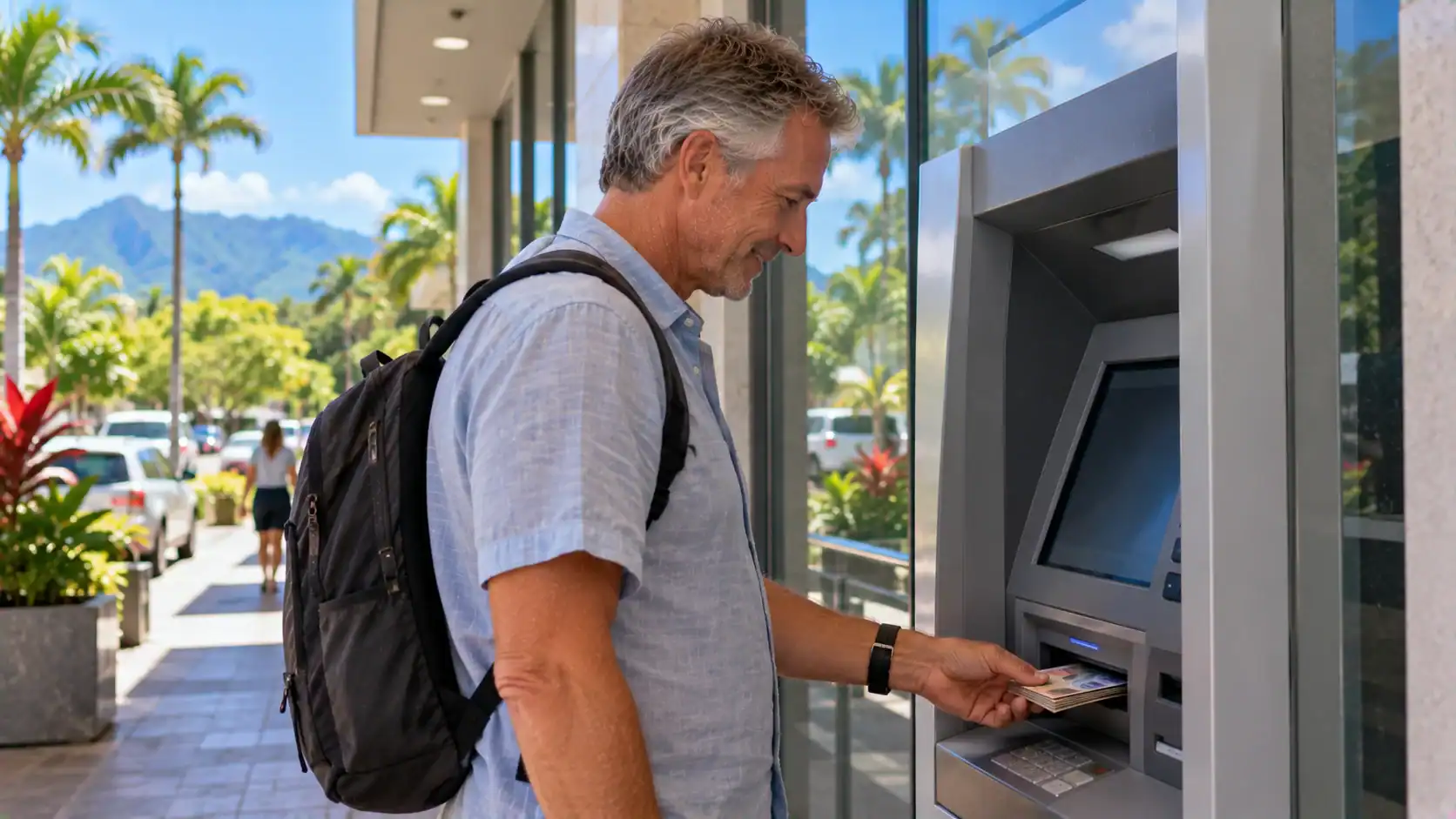 A tourist withdrawing cash from an ATM in Costa Rica