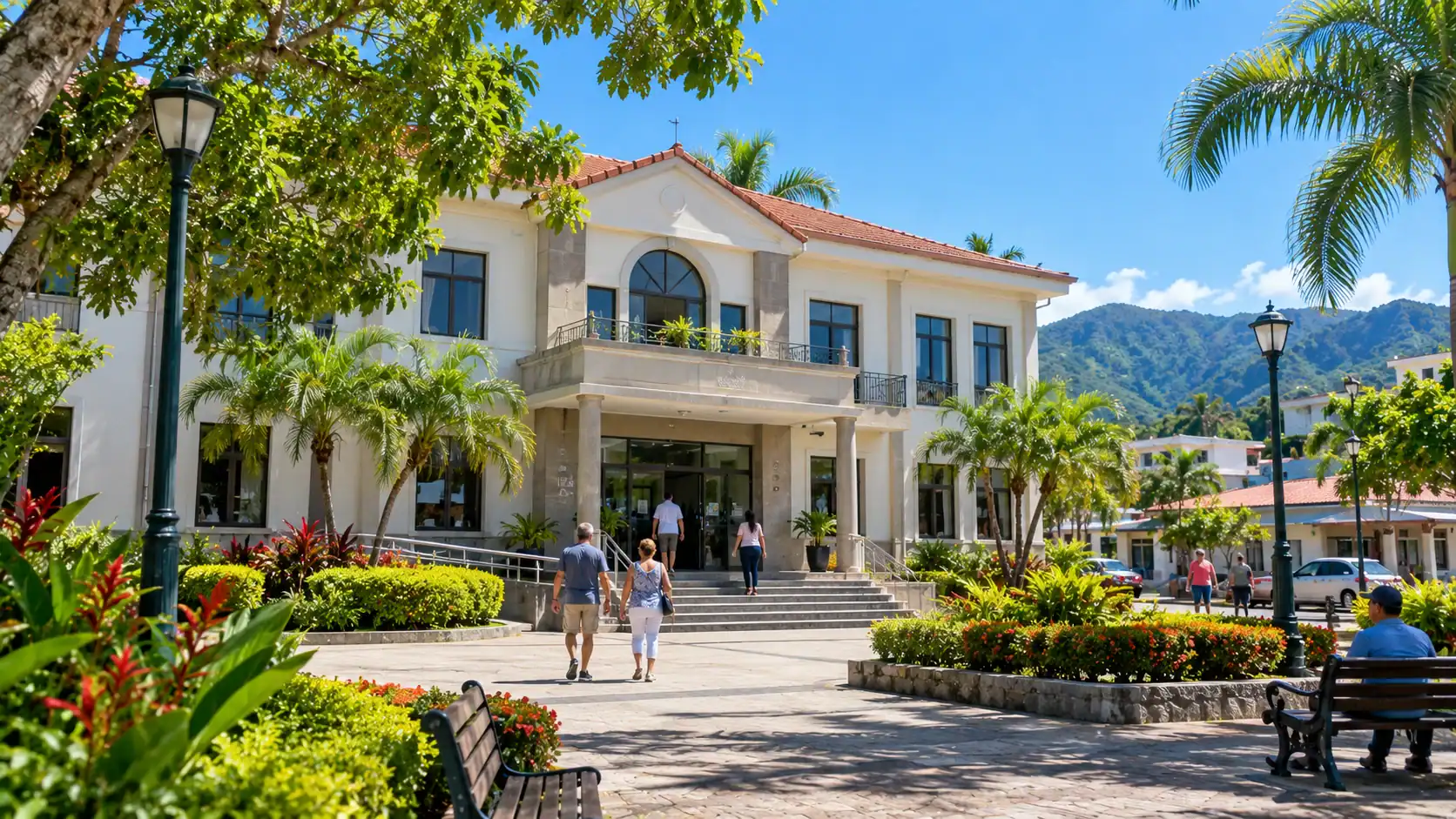 A town hall municipal building in a Costa Rican town under blue sky