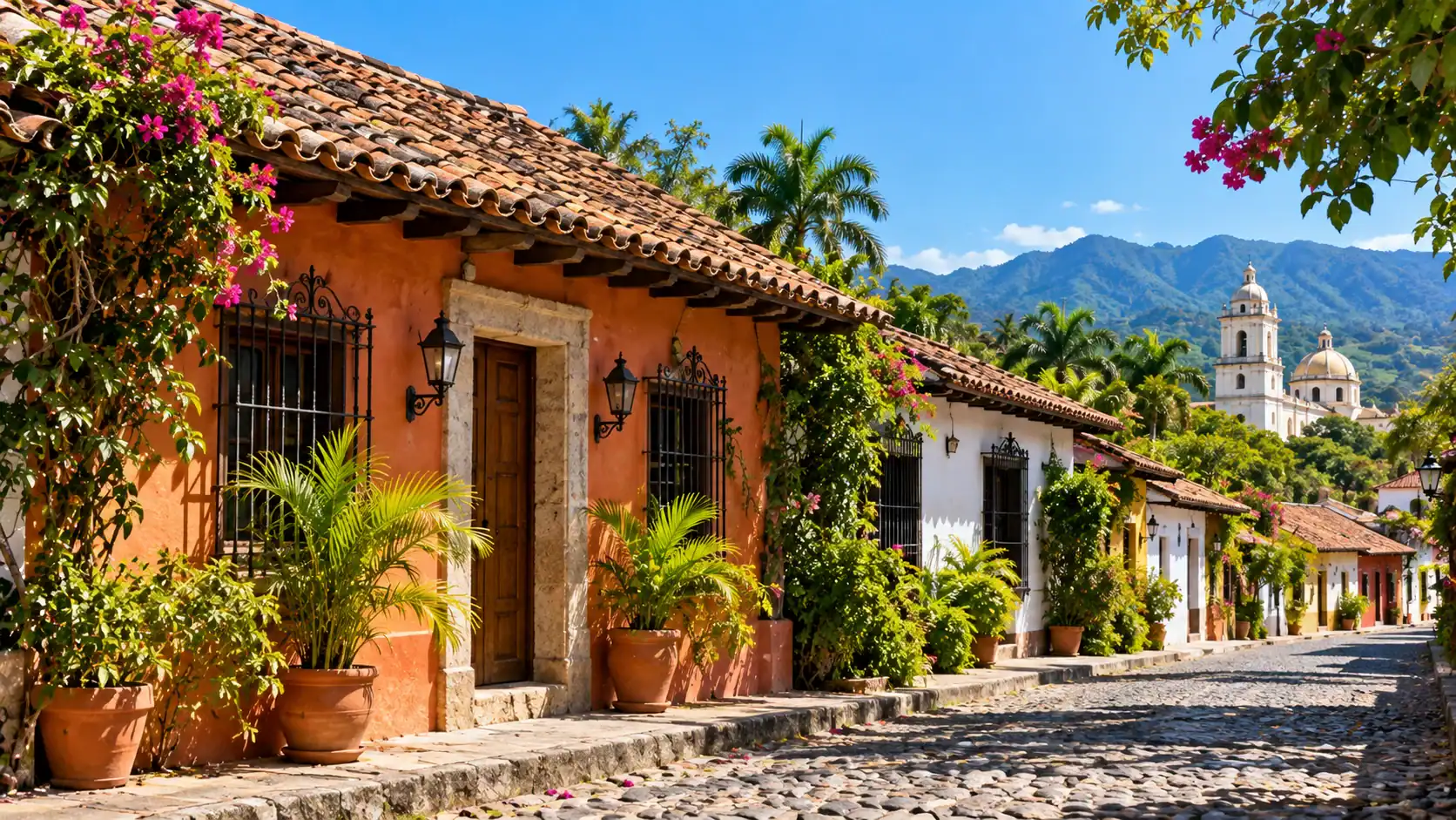 A traditional adobe house with a tile roof in a Costa Rican colonial town