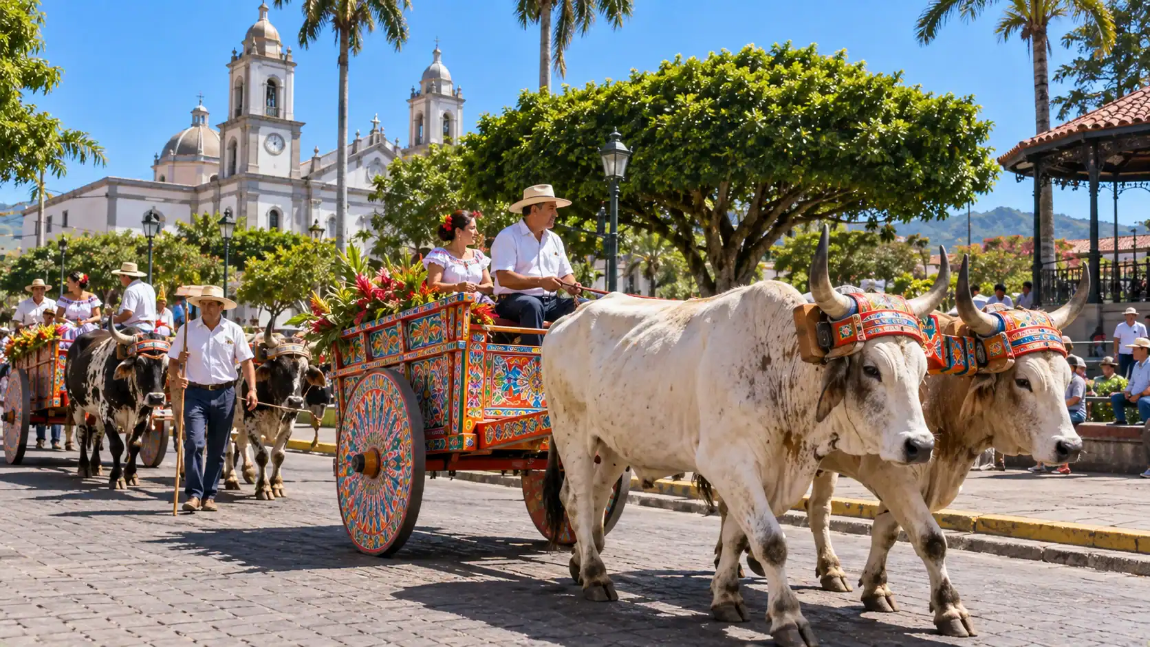 A traditional oxcart parade with painted carts in a Costa Rican town square