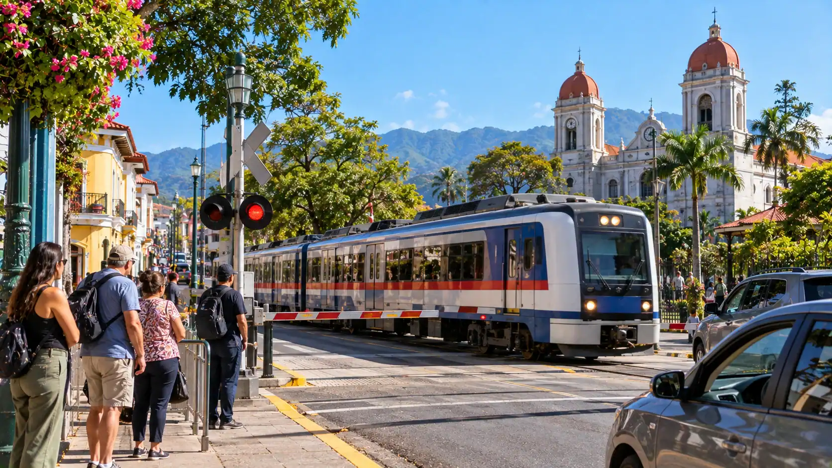 A train crossing a street in downtown Heredia, Costa Rica