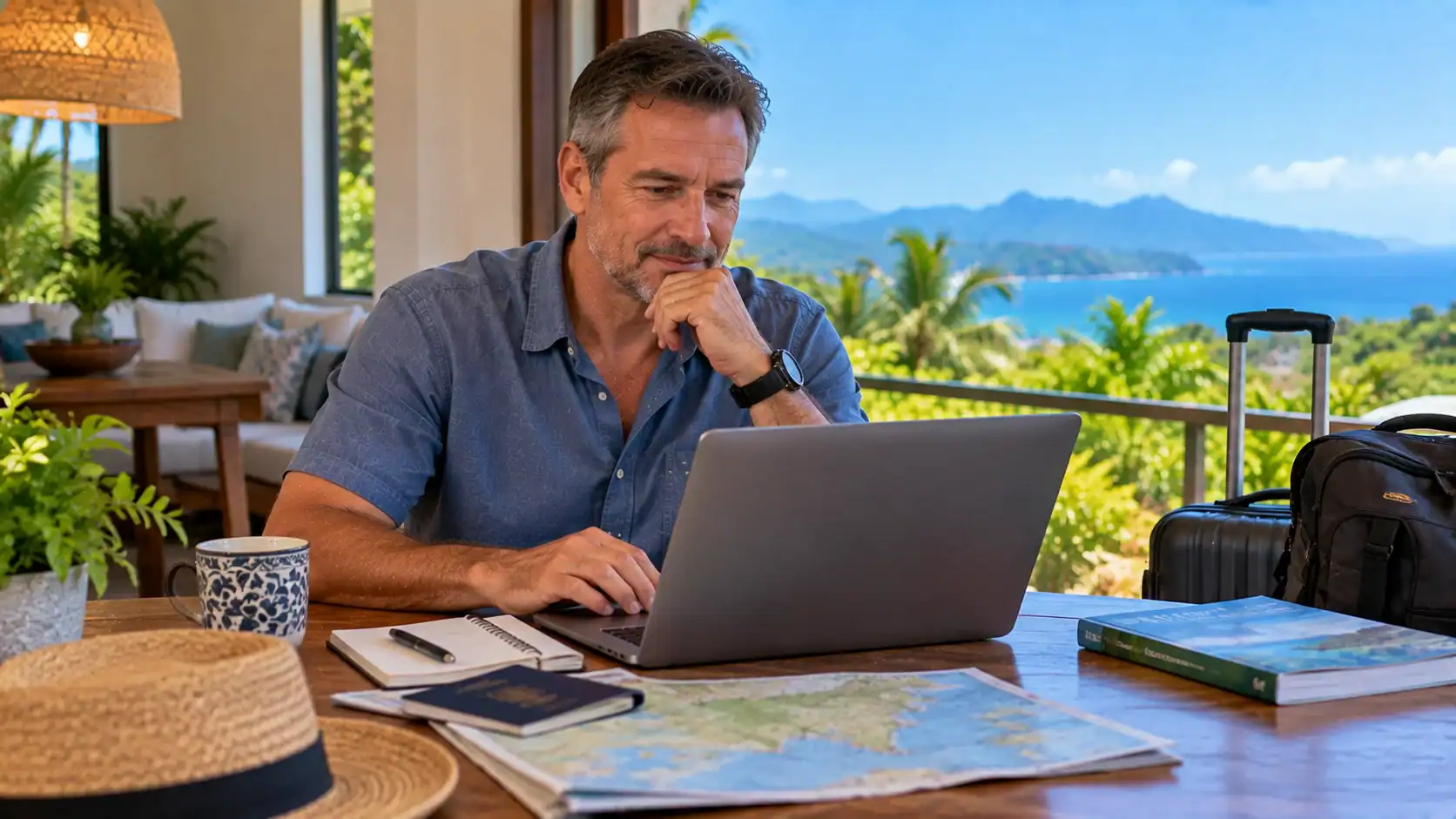 A traveler checking official travel rules on a laptop before a trip