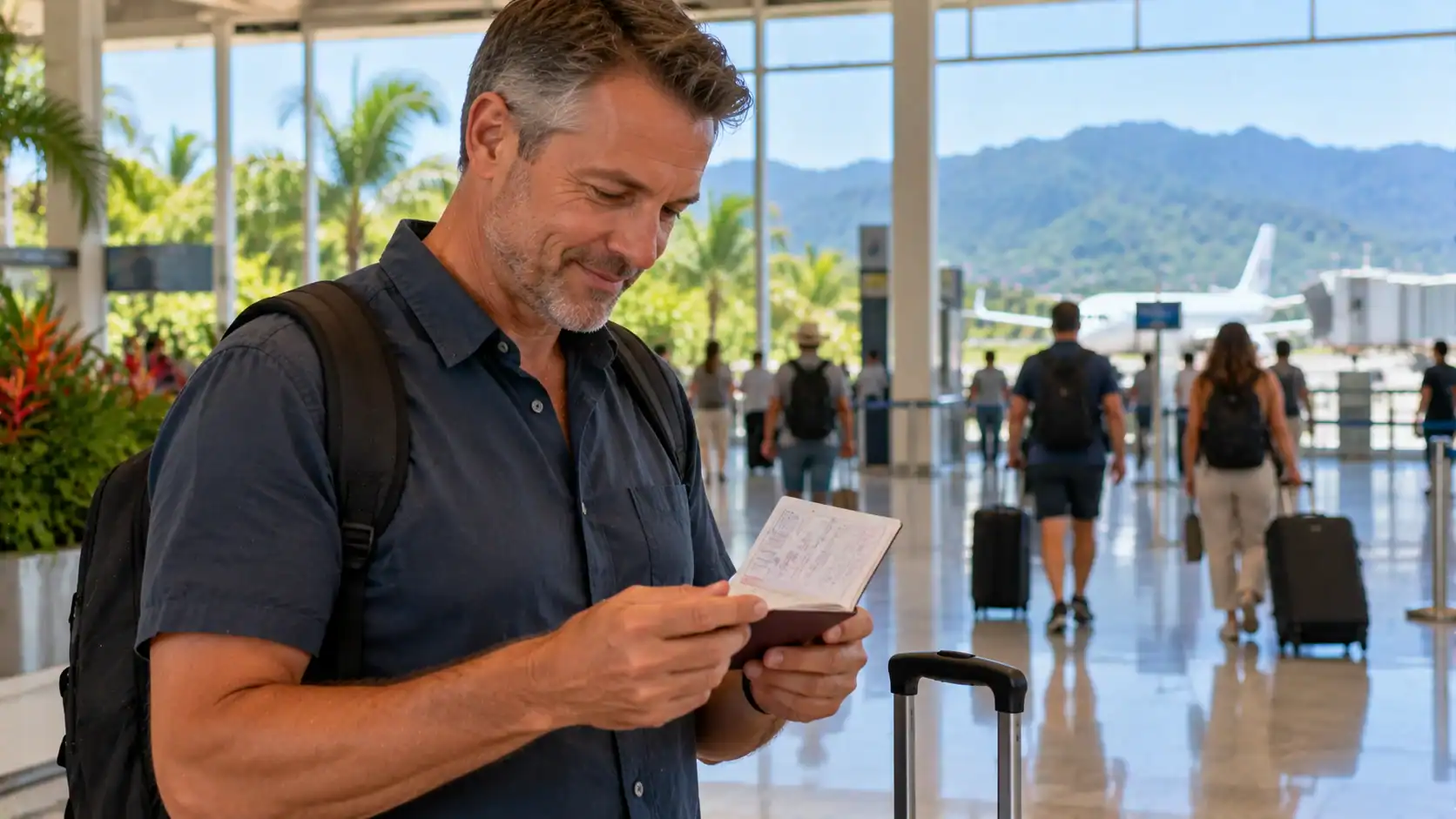A traveler checking the entry stamp in a passport at an airport