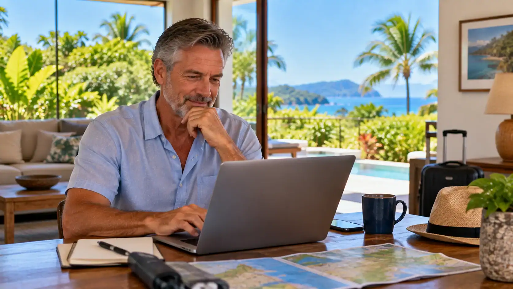 A traveler comparing flights on a laptop at home