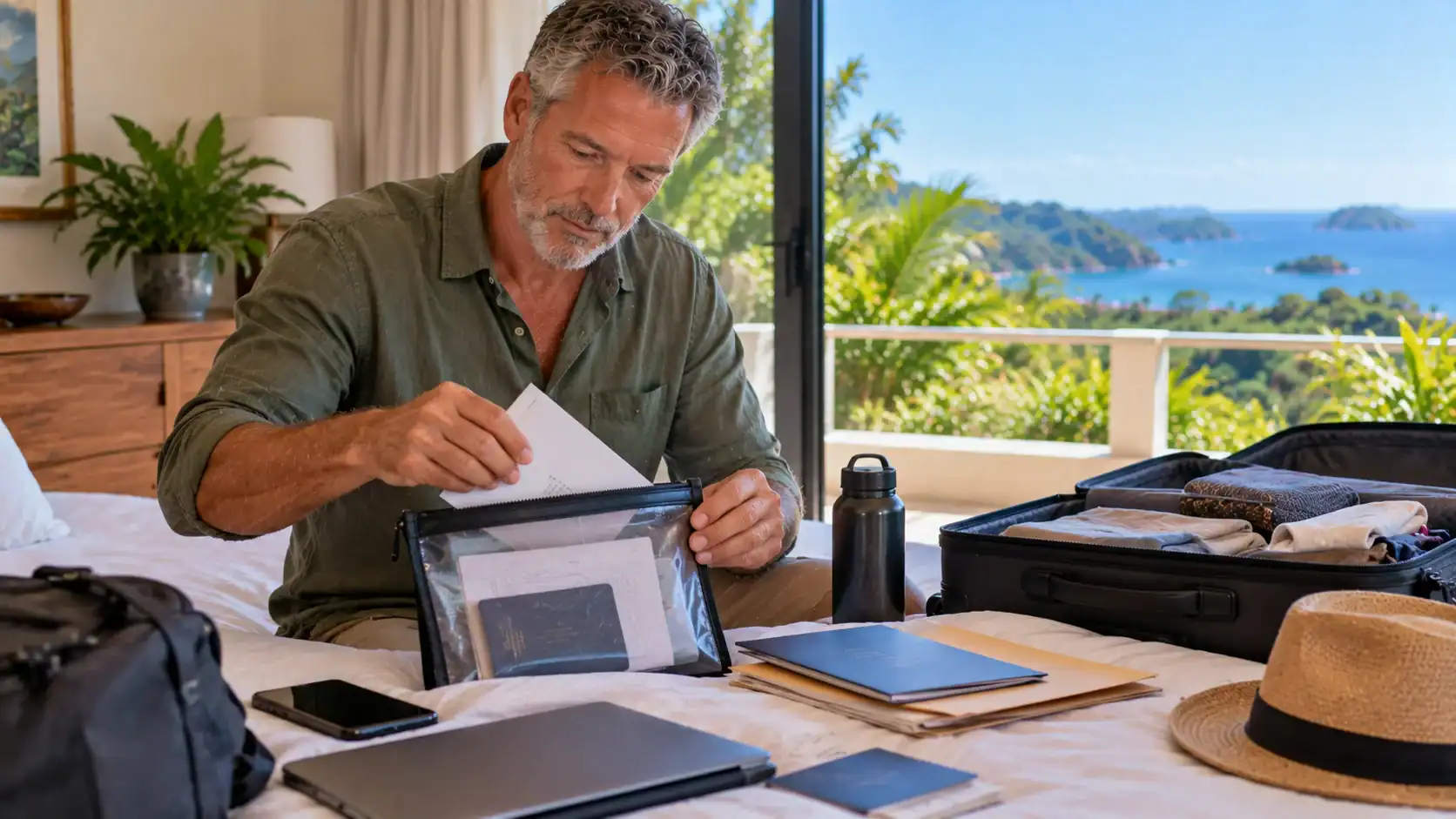 A traveler packing original documents into a waterproof folder before a trip