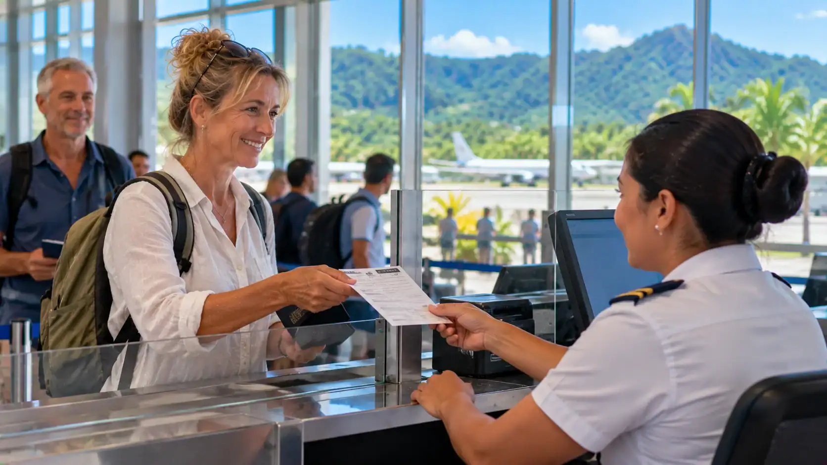 A traveler showing a residency application receipt at airport immigration