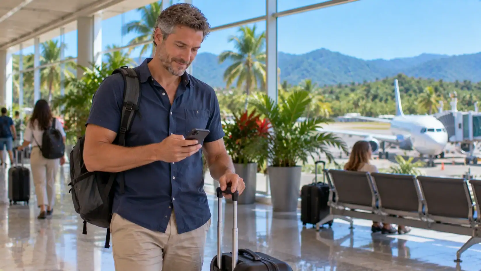 A traveler with luggage checking his phone in a Costa Rican airport terminal