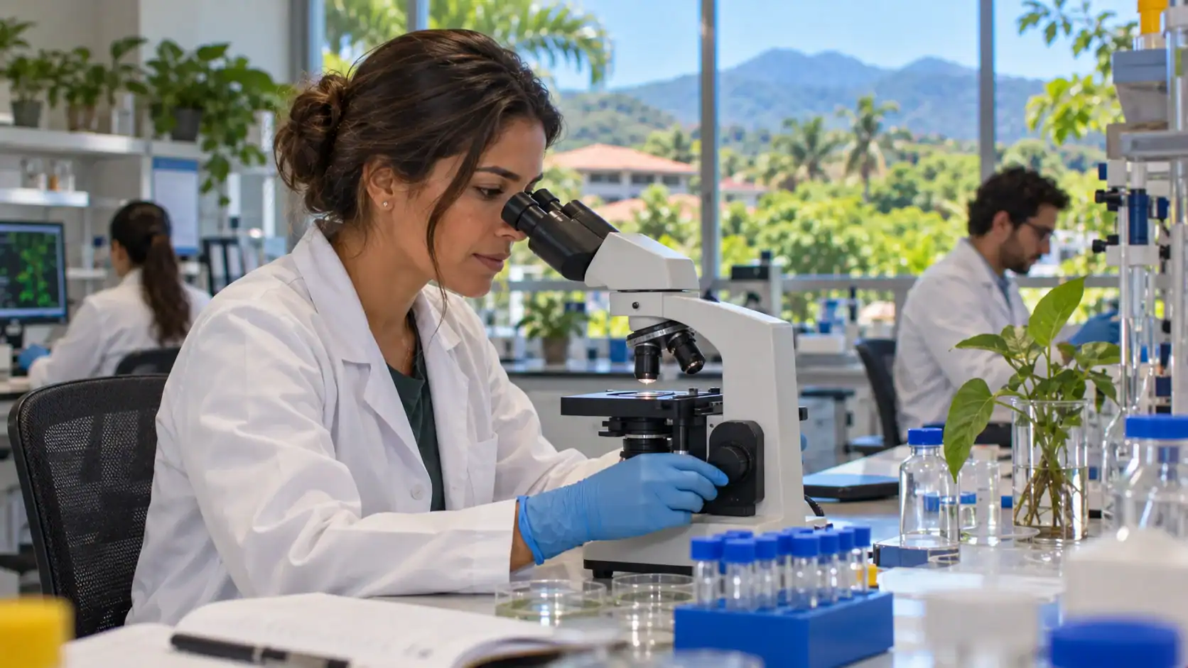 A university researcher working in a laboratory at a Costa Rican campus