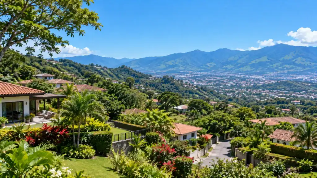 A view of a highland town with homes and green hills in Costa Rica