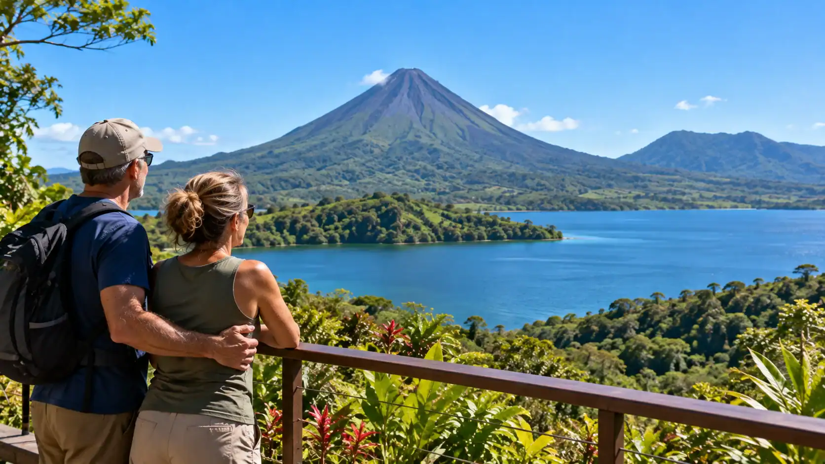 A view of Lake Arenal with Arenal Volcano under blue sky
