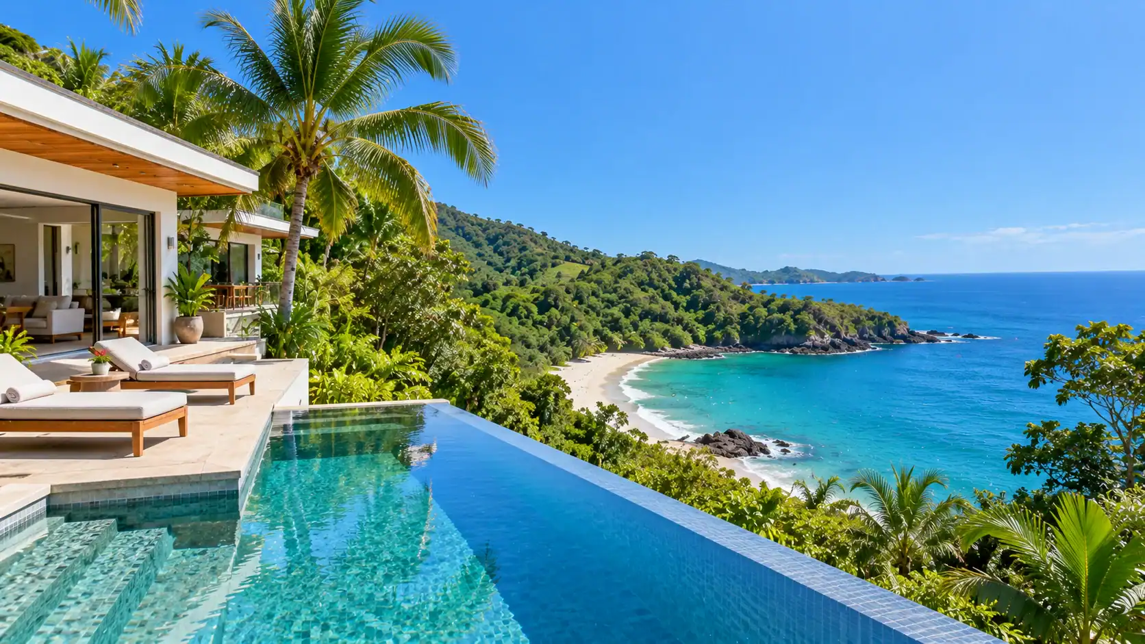 A villa with an infinity pool above a quiet Guanacaste beach in Costa Rica