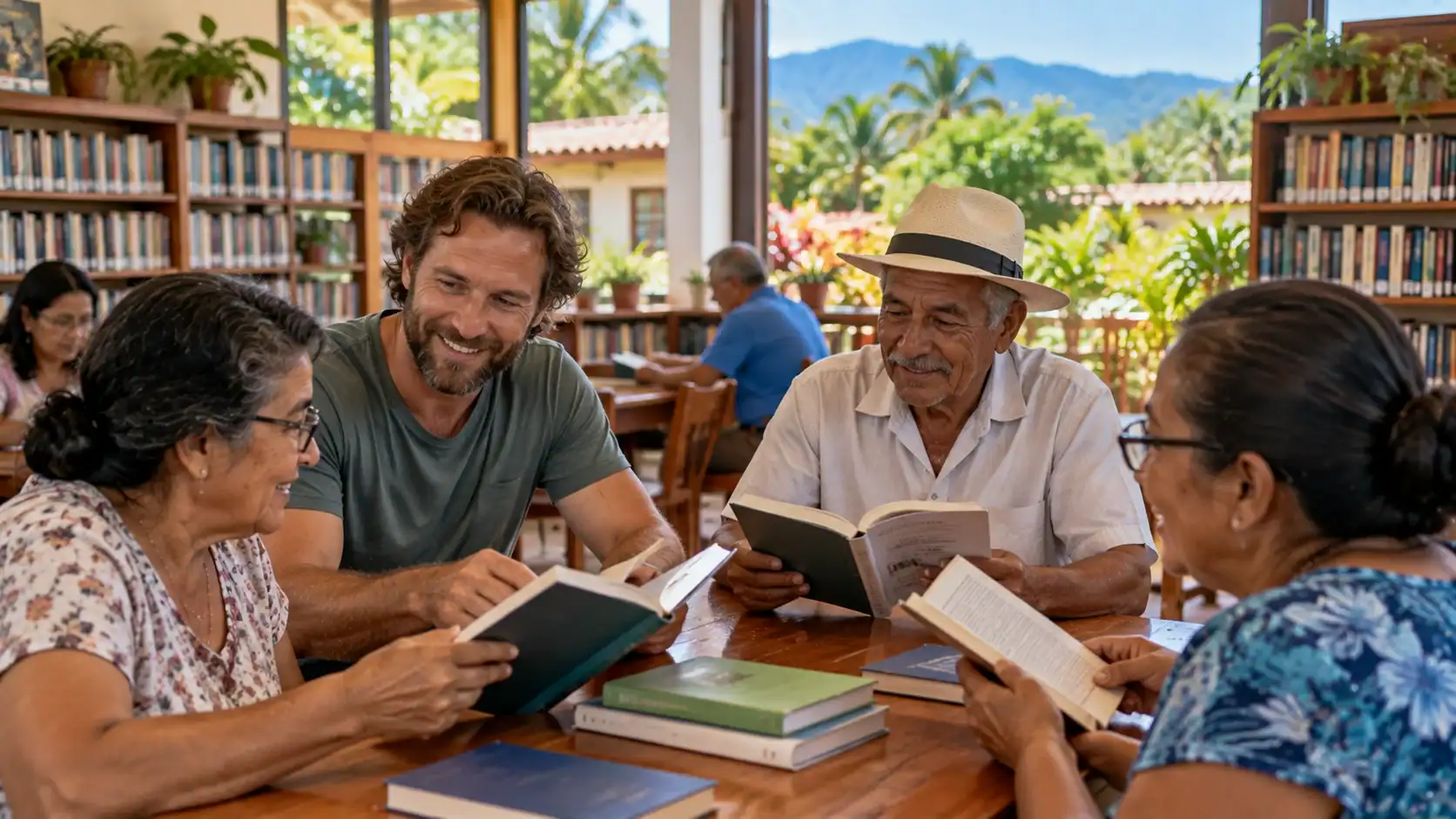 A volunteer reading with adults at a community library in Costa Rica