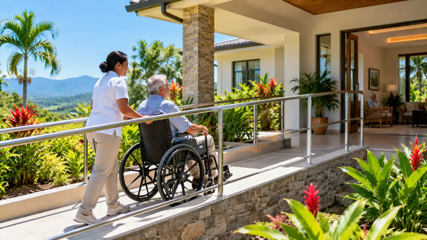 A wheelchair-accessible ramp at a bright assisted-living residence in Costa Rica