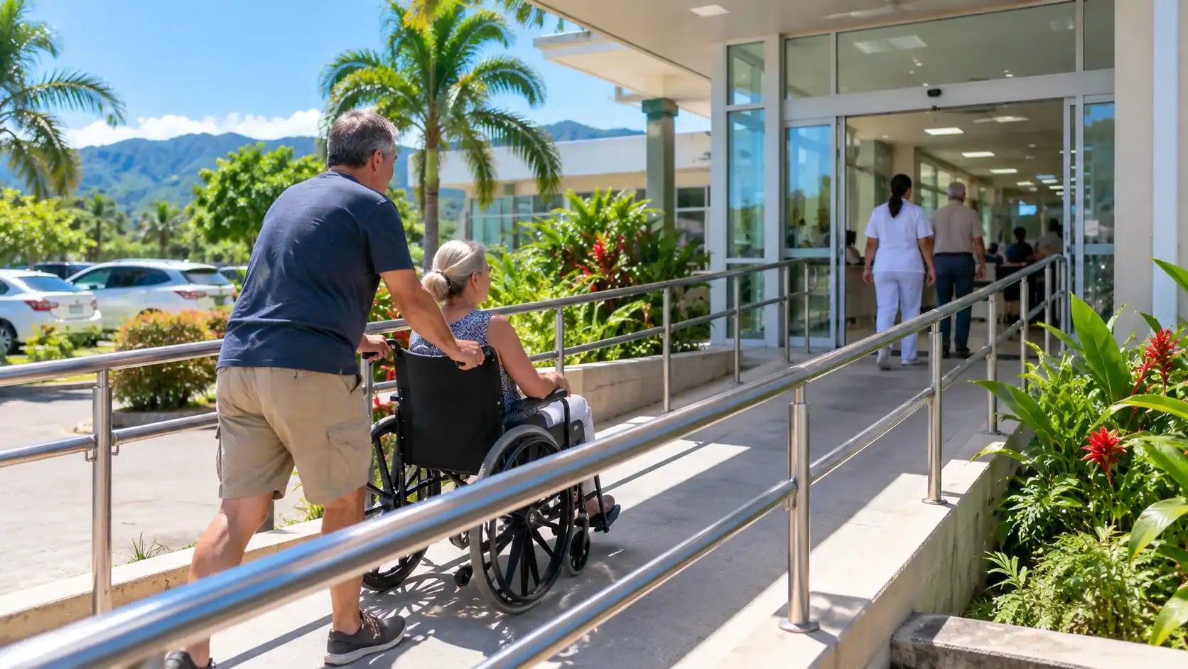 A wheelchair-accessible ramp at the entrance of a public clinic in Costa Rica