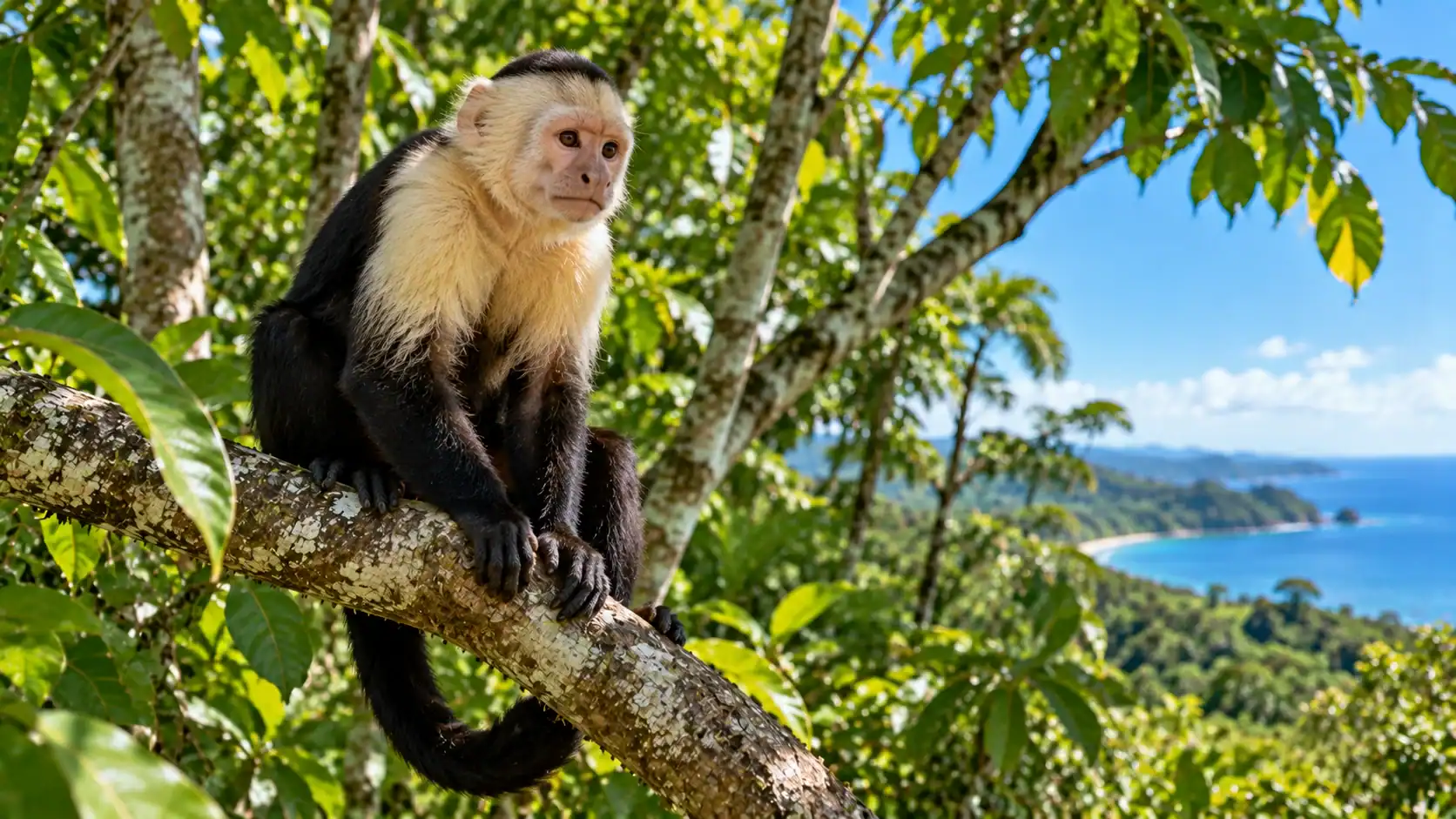 A white-faced capuchin monkey sitting on a branch in a Costa Rican forest