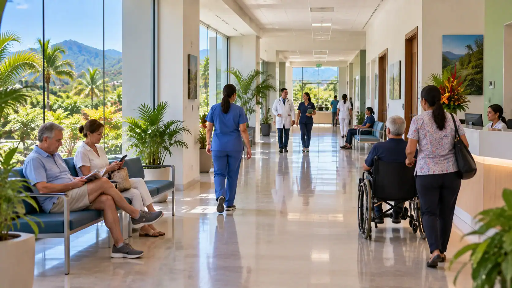 A wide hallway in a modern accessible clinic in Costa Rica
