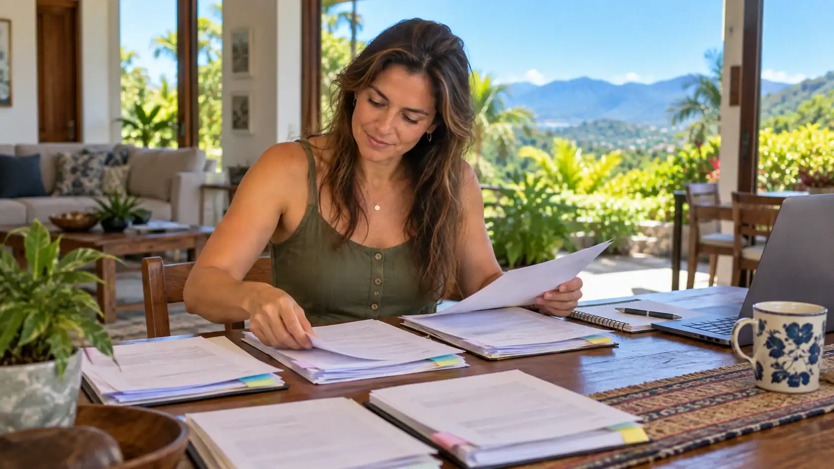 A woman arranging documents in date order on a wooden table