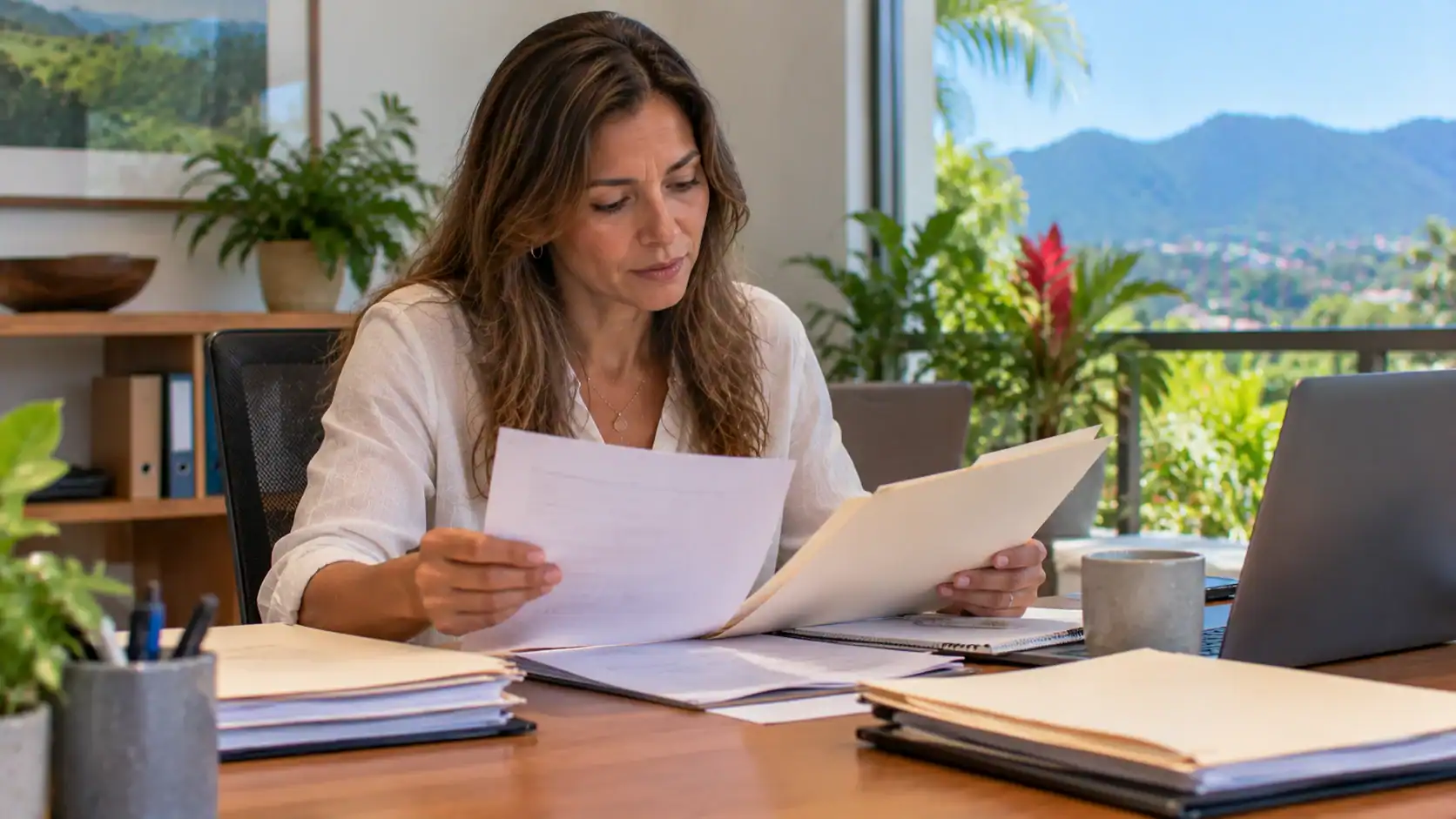 A woman checking a printed document list against a folder at an office desk