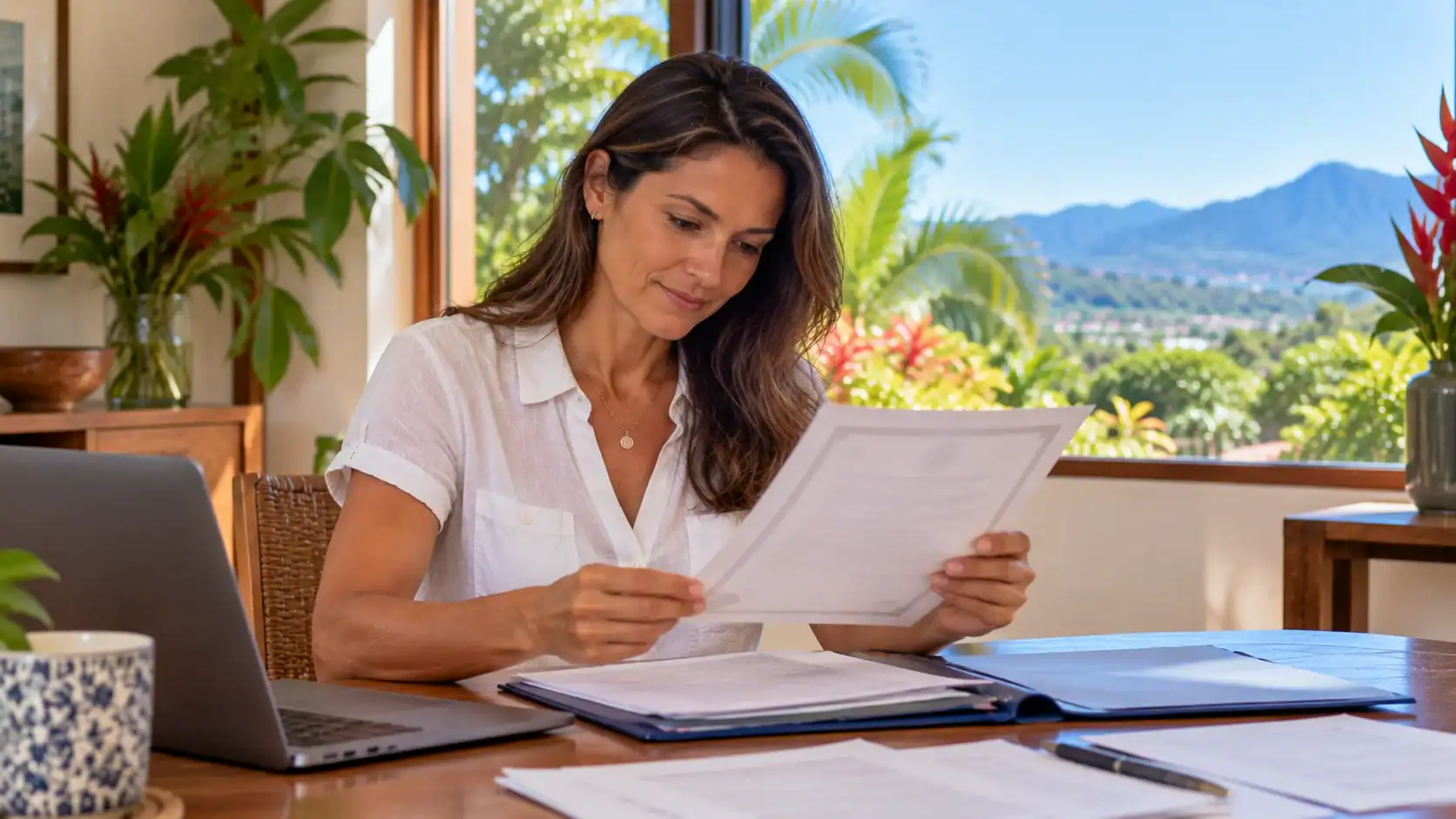 A woman checking the date on a printed birth certificate at a desk