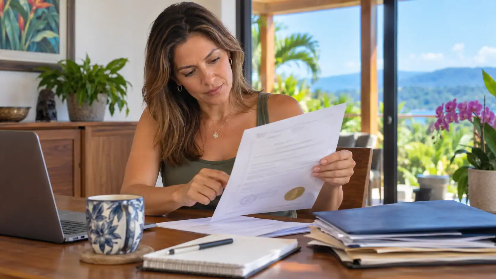 A woman checking the date on an apostilled document at a desk, text unreadable
