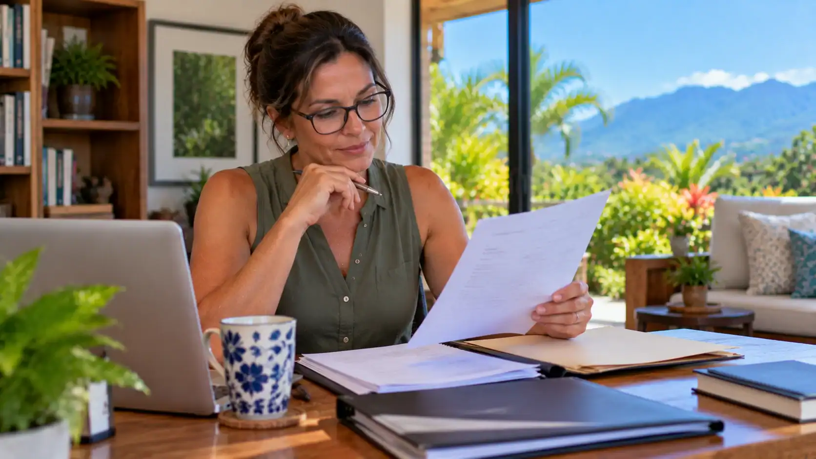 A woman checking the details of a background certificate at her desk